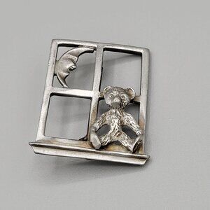 Mystique Teddy Bear Moon in Window Frame Brooch Pin Pewter Silver Tone
